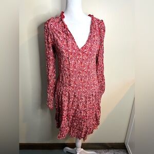 Max Studio Red Floral Long Sleeve Dress Boho Peasant Cottagecore Western